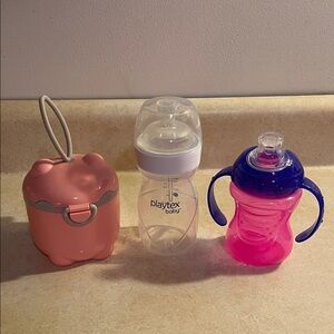 Playtex Baby Bottle with Pink and Purple sippy and formula holder. (Lot #2)
